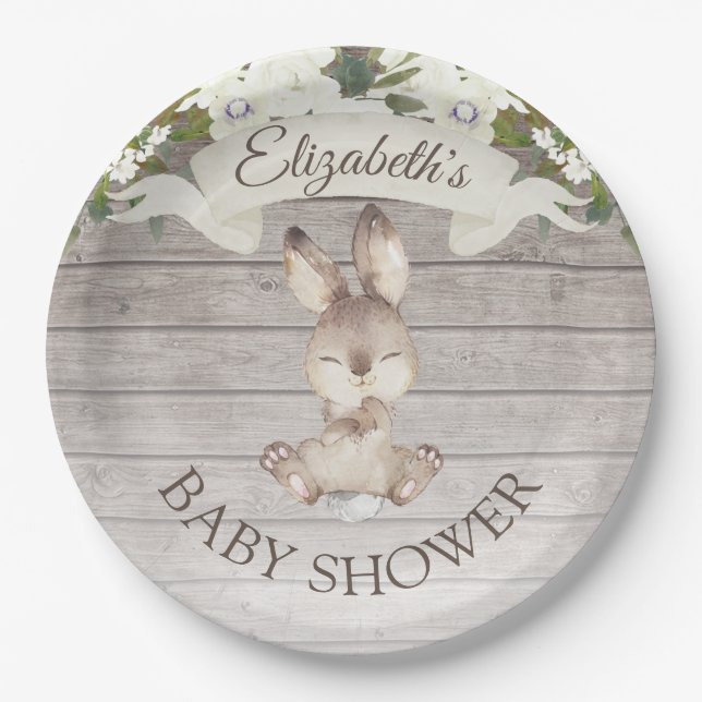 Assiettes En Carton Baby shower personnalisé lapin de bois rustique (Devant)