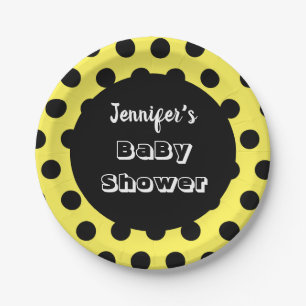 Assiettes En Carton Baby shower personnalisé point Polka noir et jaun