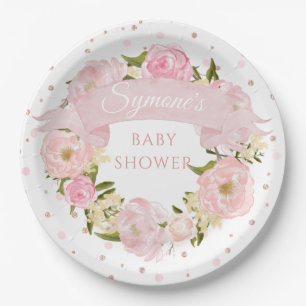 Assiettes En Carton Baby shower personnalisé Pony rose et point d'or 
