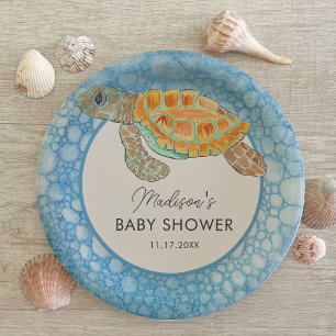 Assiettes En Carton Baby Shower Personnalisé Tortue de Mer Aquarelle