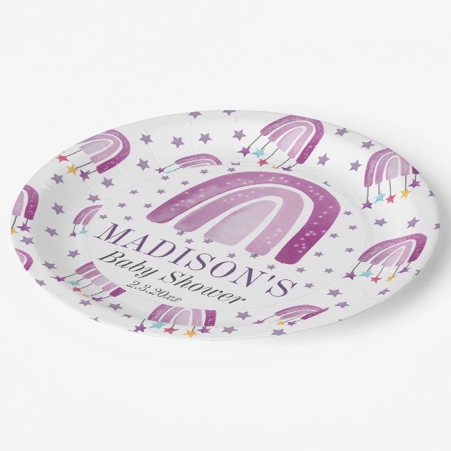 Assiettes En Carton Baby shower personnalisé violet arc-en-ciel (Angle)