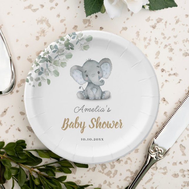 Assiettes En Carton Baby shower petit éléphant verdoyant (Créateur téléchargé)