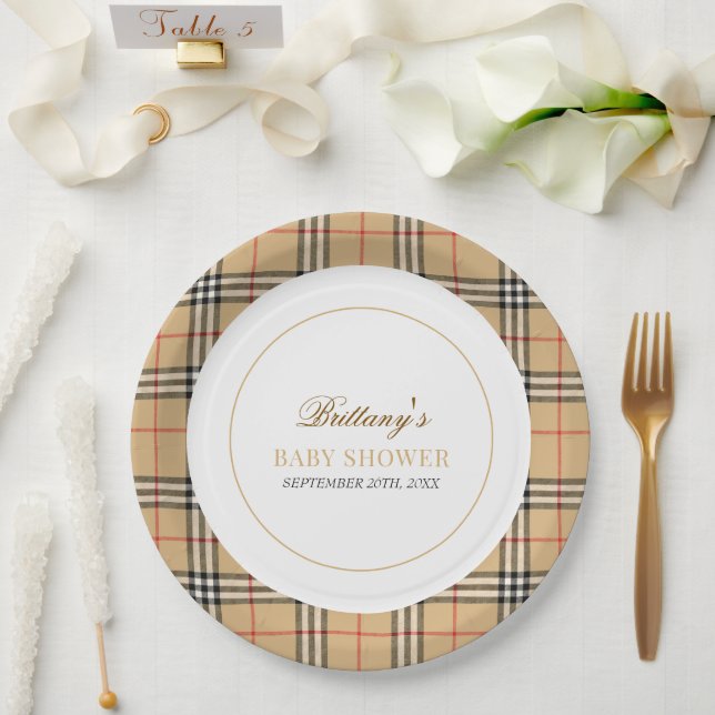 Assiettes En Carton Baby shower Plaid Chèque Beige (Mariage)