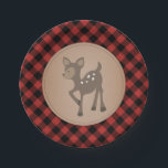 Assiettes En Carton Baby shower Plaid de bûcheron<br><div class="desc">Plaques en papier baby shower illustrant l'illustration d'un chevreuil avec un arrière - plan en plumes rouge et noir.</div>