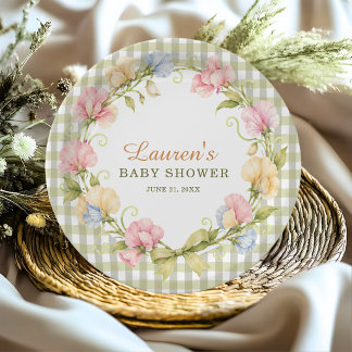 Assiettes En Carton Baby Shower Pois de Senteur Gingham Vert Sauge Flo