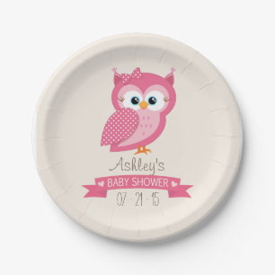 Assiettes En Carton Baby shower Pot Owl rose et blanc
