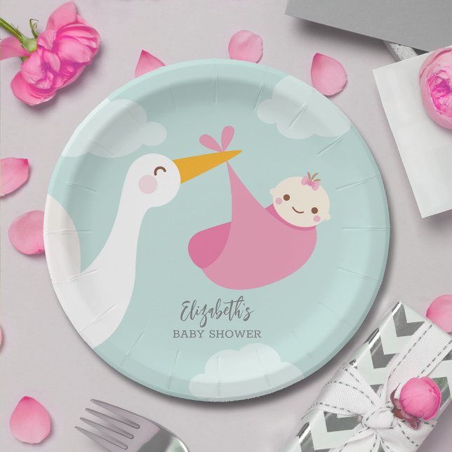 Assiettes En Carton Baby shower pour fille de groupe de Stork (Stork Pink Bundle Girl Baby Shower Paper Plates)