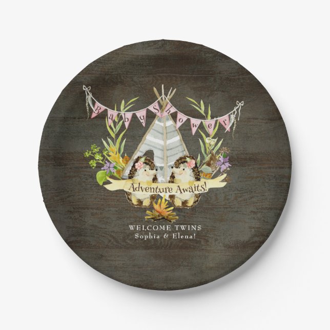 Assiettes En Carton Baby shower pour filles jumelles Hedgehog Adventur (Devant)
