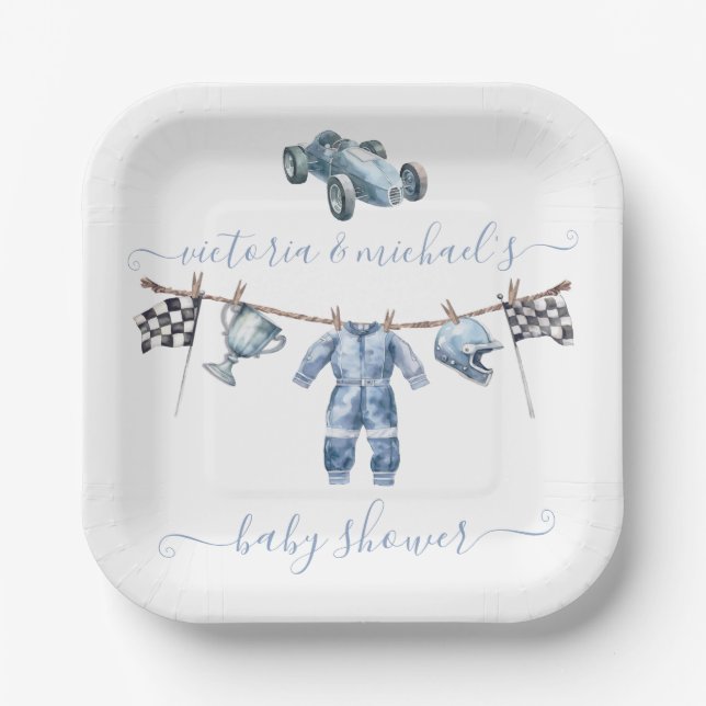 Assiettes En Carton Baby shower pour garçons de course automobile (Recto)