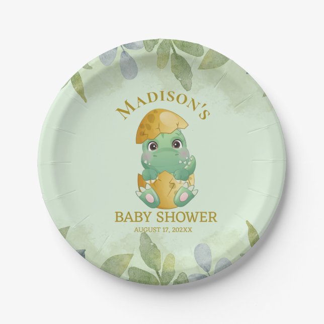 Assiettes En Carton Baby shower pour garçons de dinosaures vert (Devant)