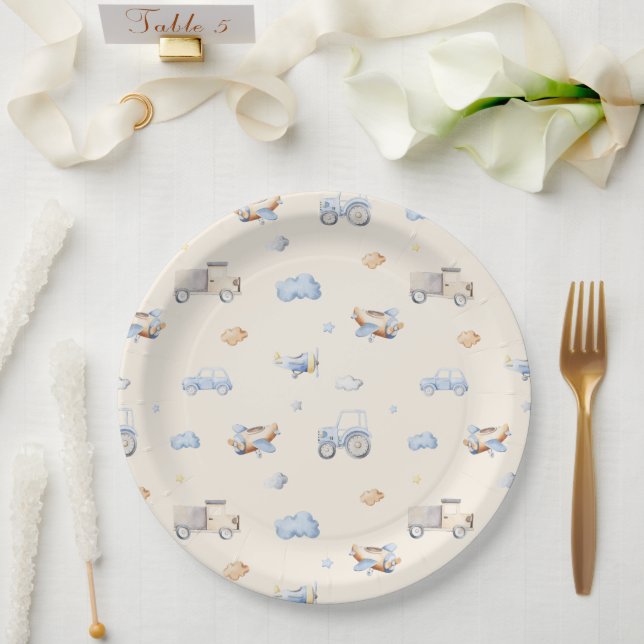 Assiettes En Carton Baby shower pour garçons de transport d'aventure (Mariage)