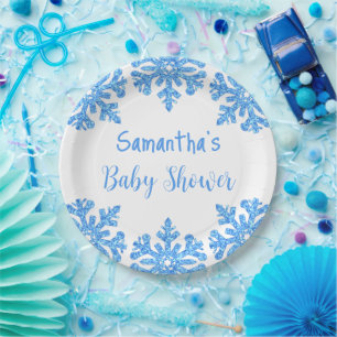 Assiettes En Carton Baby shower pour garçons d'hiver Blue Snowflake