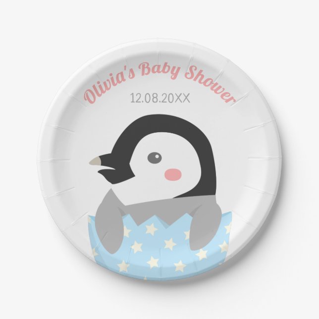 Assiettes En Carton Baby Shower Pour Petit Pingouin Fraîchement Éclos (Devant)