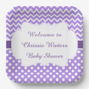 Assiettes En Carton Baby shower pourpre Chevron et blanc Pois