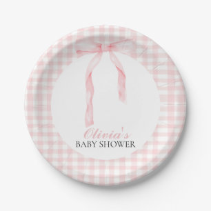 Assiettes En Carton Baby shower prépa avec un nœud rose et gingham