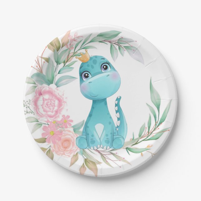 Assiettes En Carton Baby shower Princess Aqua Dinosaur Pink Peony (Devant)