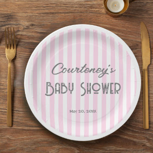 Assiettes En Carton Baby shower rayé minimaliste rose