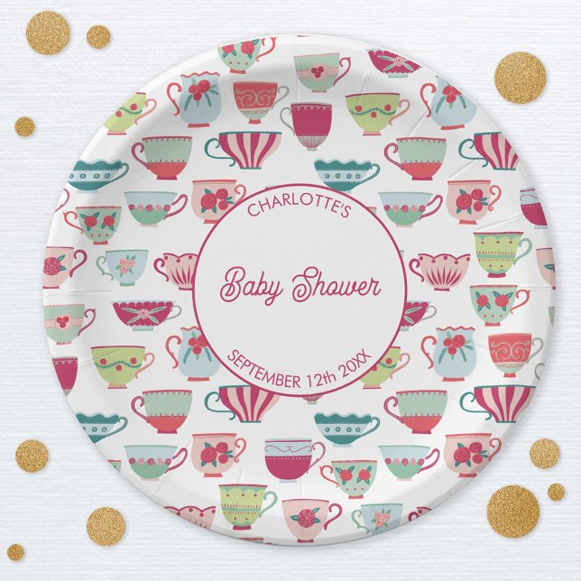 Assiettes En Carton Baby shower Retro Tea Party (Modern retro teacup baby shower tea party personalized paper plates)