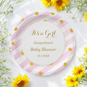 Assiettes En Carton Baby shower rose blanc rayures