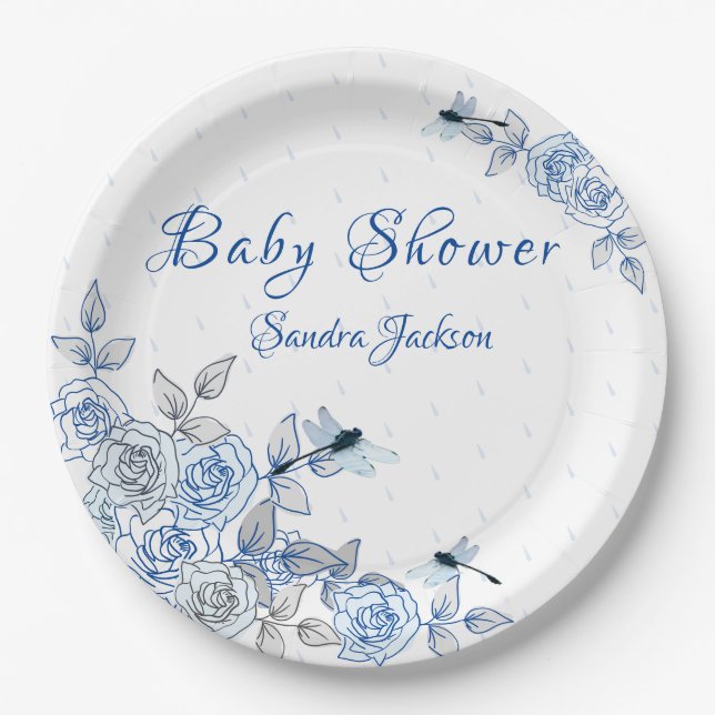 Assiettes En Carton Baby shower Rose de dragonfly Boy (Devant)