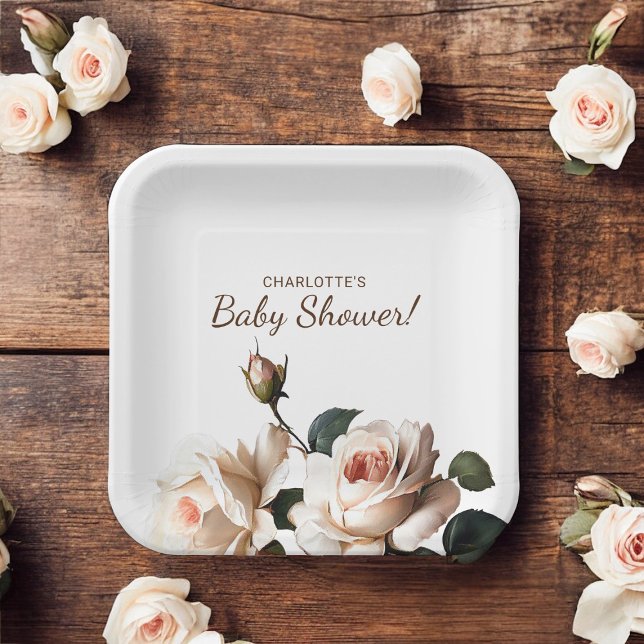 Assiettes En Carton Baby shower Rose de thé doux (Gentle Tea Rose Baby Shower Paper Plates)