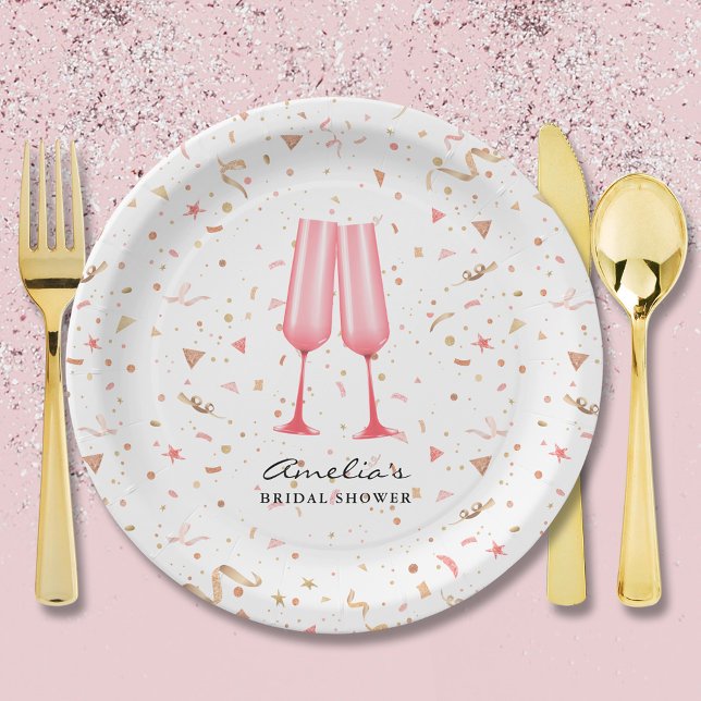 Assiettes En Carton Baby Shower Rose et Bulles (Pink champagne glasses brunch and bubbly bridal shower paper plates)