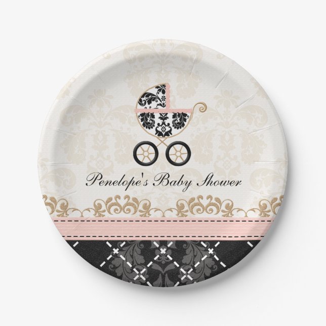 Assiettes En Carton Baby shower rose et noir de chariot de damassé (Devant)