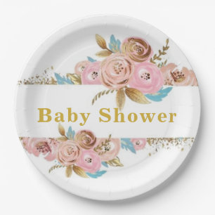 Assiettes En Carton Baby shower rose et or Turquoise Peony