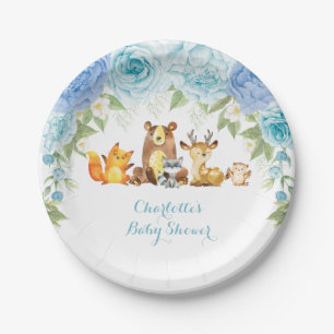 Assiettes En Carton Baby shower rose floral bleu de garçon de forêt
