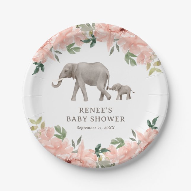 Assiettes En Carton Baby shower rose floral Eléphant fille (Devant)
