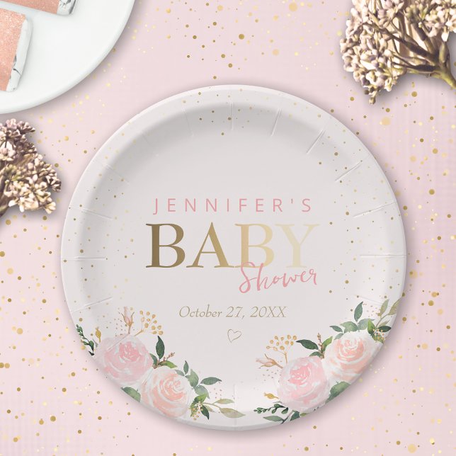 Assiettes En Carton Baby shower Rose Floral Gold Girl (Créateur téléchargé)