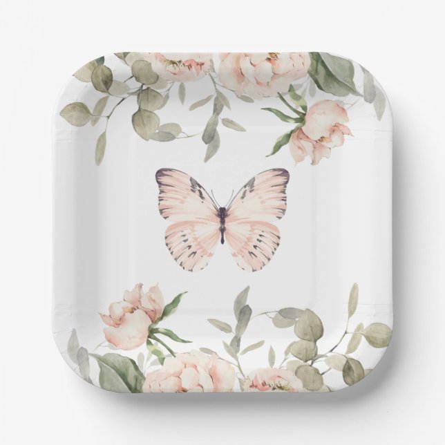 Assiettes En Carton Baby shower rose floral papillon fille (Recto)
