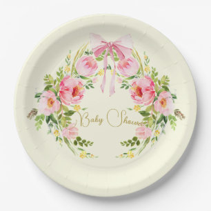 Assiettes En Carton Baby shower rose Jaune Crête Florale Régence Bow