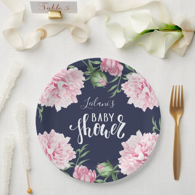 Assiettes En Carton Baby shower rose Peony Floral Navy bleu (Mariage)