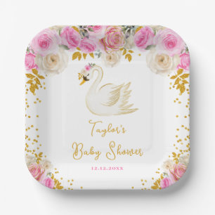 Assiettes En Carton Baby Shower Rose Pink et Or Cygne