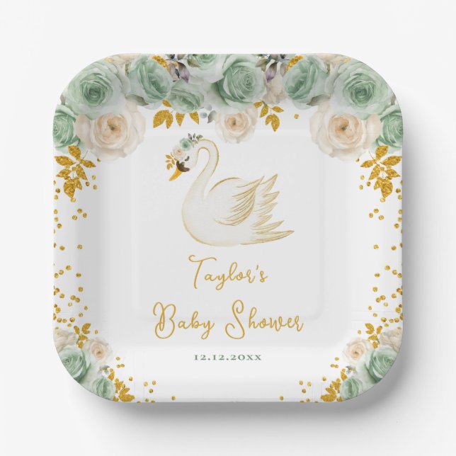 Assiettes En Carton Baby shower Rose Swan Sage Green et Gold (Recto)
