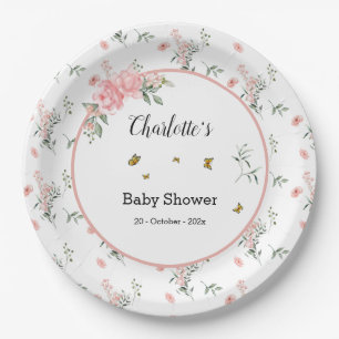 Assiettes En Carton Baby Shower Roses Roses Élégantes avec Papillons