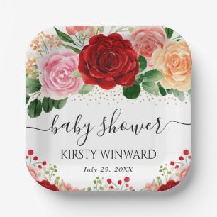 Assiettes En Carton Baby Shower Roses Rouges et Jaunes Aquarelle