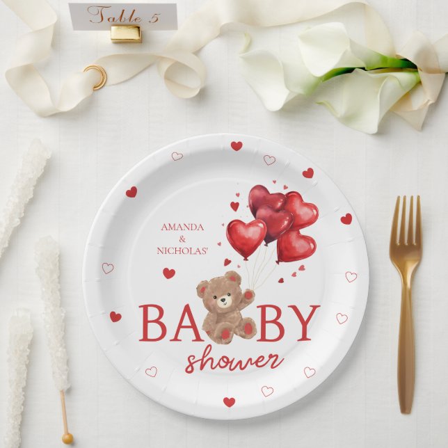 Assiettes En Carton Baby shower rouge Bear Heart Balloons (Mariage)