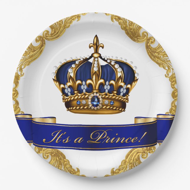 Assiettes En Carton Baby shower Royal Blue and Gold Crown Prince (Devant)