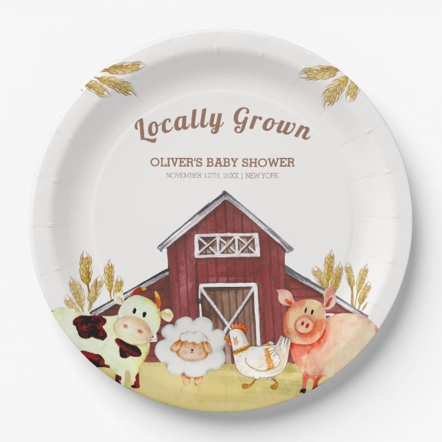 Assiettes En Carton Baby shower Rustique Barnyard Farm Animaux (Devant)