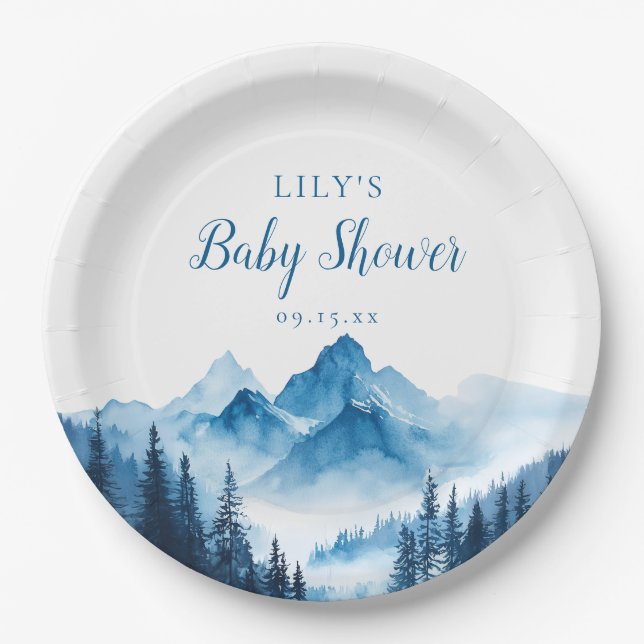 Assiettes En Carton Baby shower Rustique Boho Watercolor Mountains (Devant)