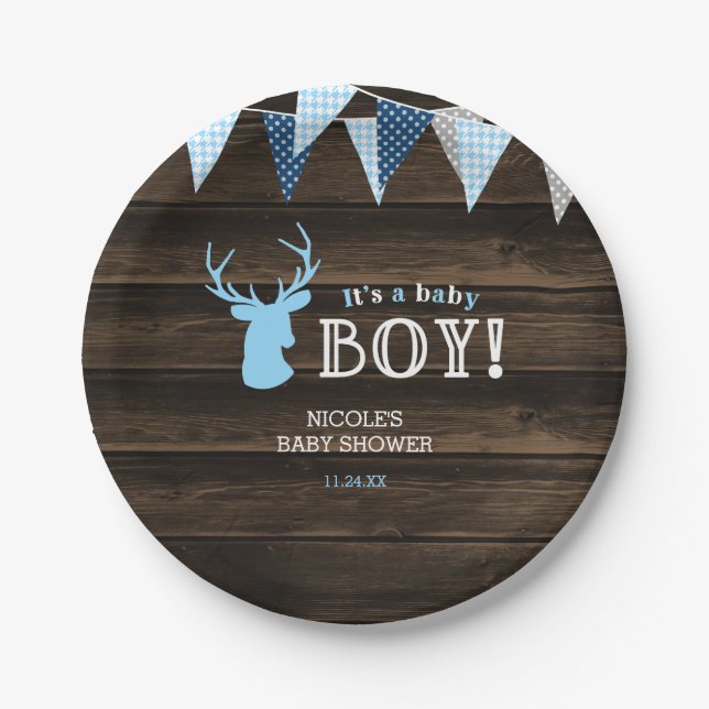 Assiettes En Carton Baby shower rustique Bois Bleu Cerf (Devant)