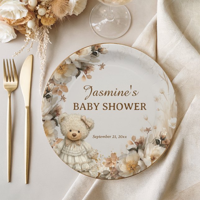 Assiettes En Carton Baby shower Rustique Floral Teddy Bear (Créateur téléchargé)