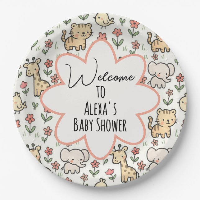 Assiettes En Carton Baby shower Safari Animal Avec Fleurs (Devant)