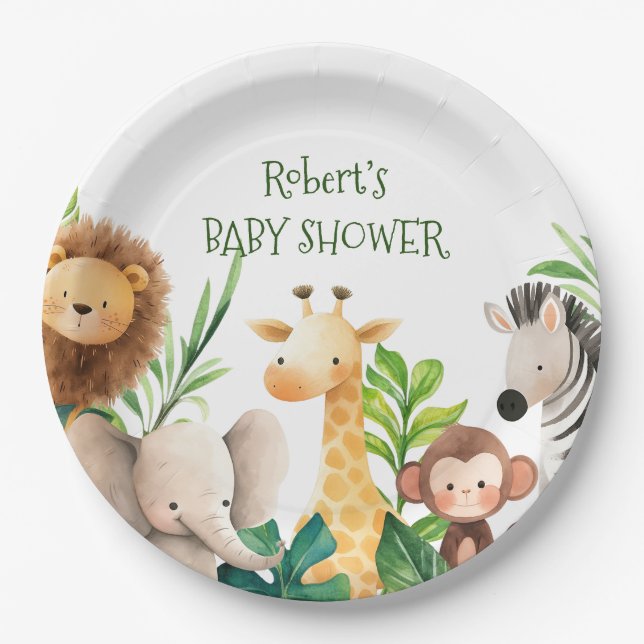 Assiettes En Carton Baby shower Safari animal watercolor (Devant)
