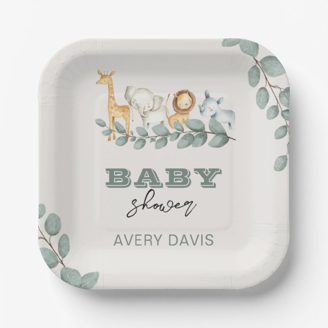 Assiettes En Carton Baby shower Safari vert 7" Carré Plaques papier (Recto)