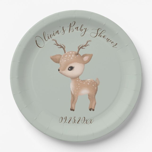 Assiettes En Carton Baby shower Sage Green Deer (Devant)