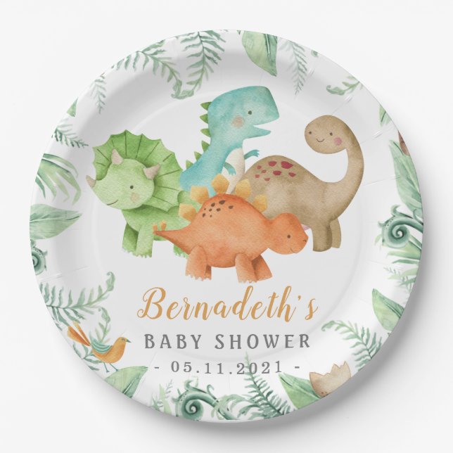 Assiettes En Carton Baby shower sauvage de Dinosaures (Devant)