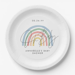 Assiettes En Carton Baby shower script coloré aquarelle arc-en-ciel